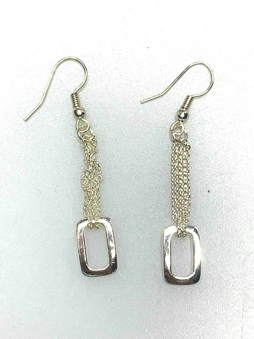 Silver Toned Hook Earrings with a Rectangle Charm Looped in Chains